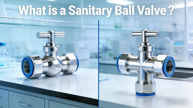 Válvulas de bola sanitarias de acero inoxidable 316L Sangyie que muestran configuraciones de 2 y 3 vías para control de flujo higiénico en las industrias alimentaria y farmacéutica.